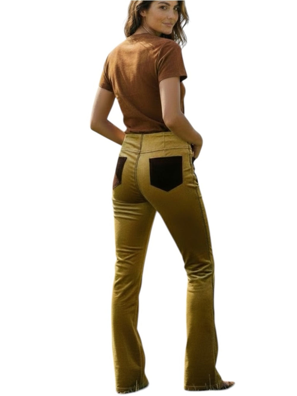 Masq gold ultra suede pants with dark brown pockets and flared legs Sz M